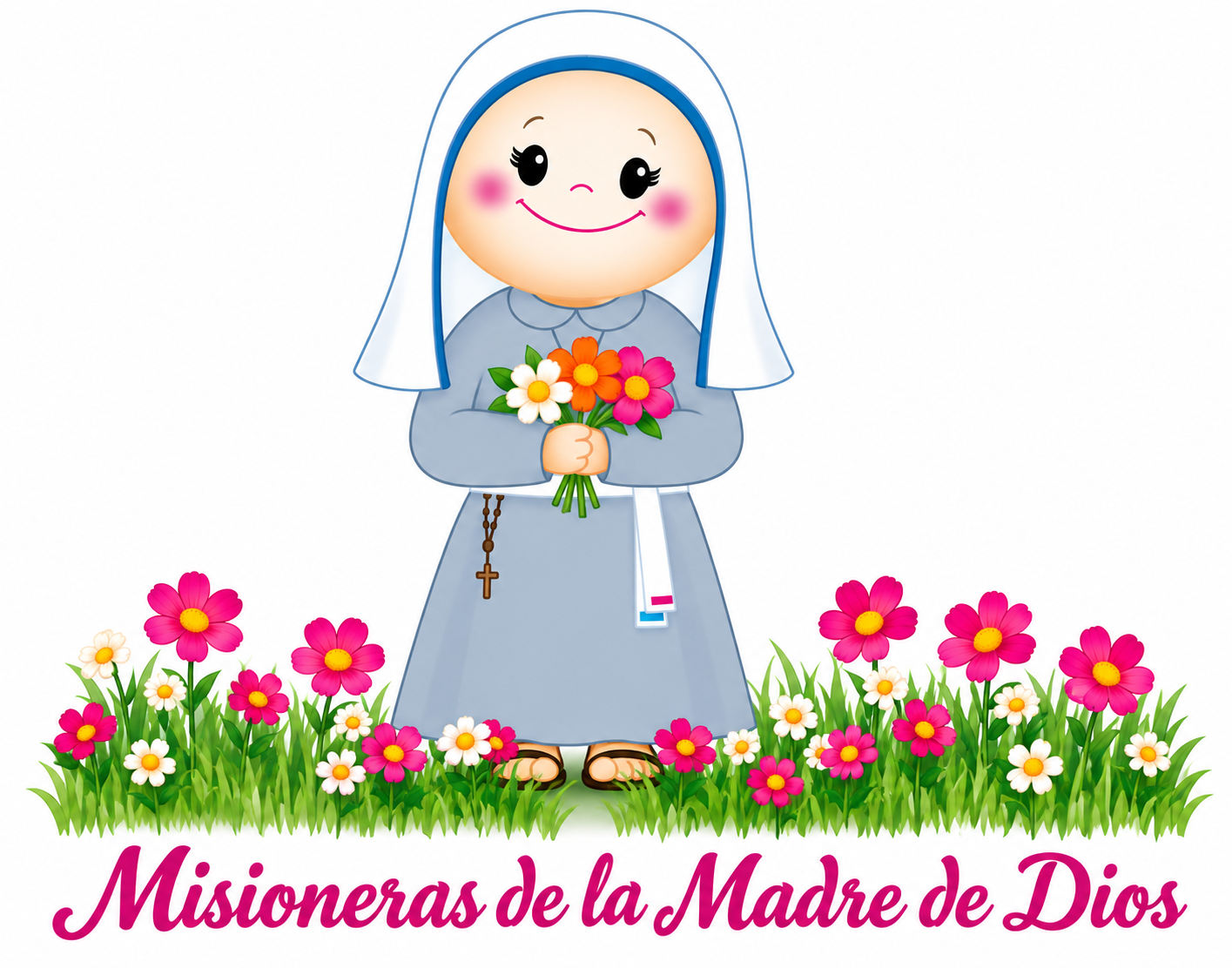 Ilustración de una hermana misionera con flores en un jardín